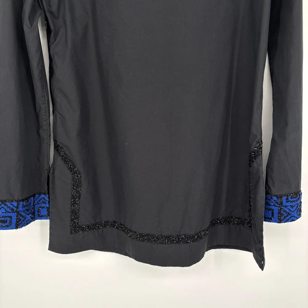 Tory Burch Cotton Tunic‎ Blue Black Embroidered Beaded Boho Top Size 6